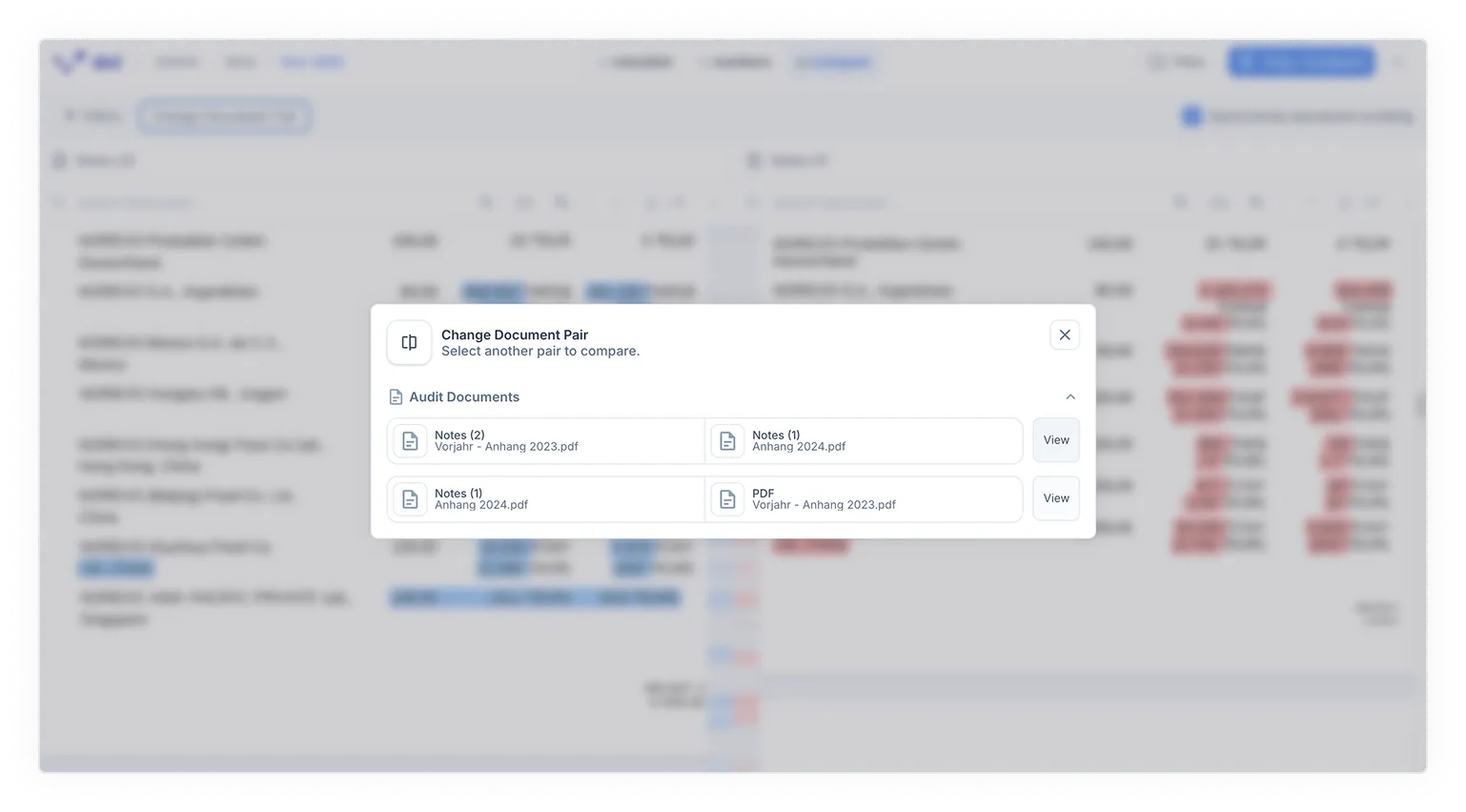 The same ai/compare view dimmed behind a “Change Document Pair” dialog reading “Select another pair to compare.” It lists two selectable pairs under “Audit Documents” — “Notes (2) Vorjahr - Anhang 2023.pdf” with “Notes (1) Anhang 2024.pdf”, and “Notes (1) Anhang 2024.pdf” with “PDF Vorjahr - Anhang 2023.pdf” — each with a View button.