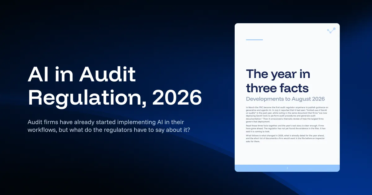 Title card on dark navy: the headline "AI in Audit Regulation, 2026" and the subtitle "Audit firms have already started implementing AI in their workflows, but what do the regulators have to say about it?", beside the whitepaper's opening page headed "The year in three facts" and subtitled "Developments to August 2026".