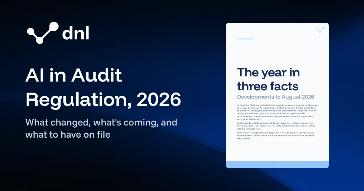 Title card on dark navy: the dnl logo, the headline "AI in Audit Regulation, 2026" and the subtitle "What changed, what's coming, and what to have on file", beside the whitepaper's opening page headed "The year in three facts".