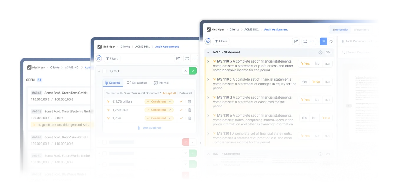 The dnl platform showing ai/checklist and ai/numbers side by side, with disclosure answers linked to their source in the financial statements