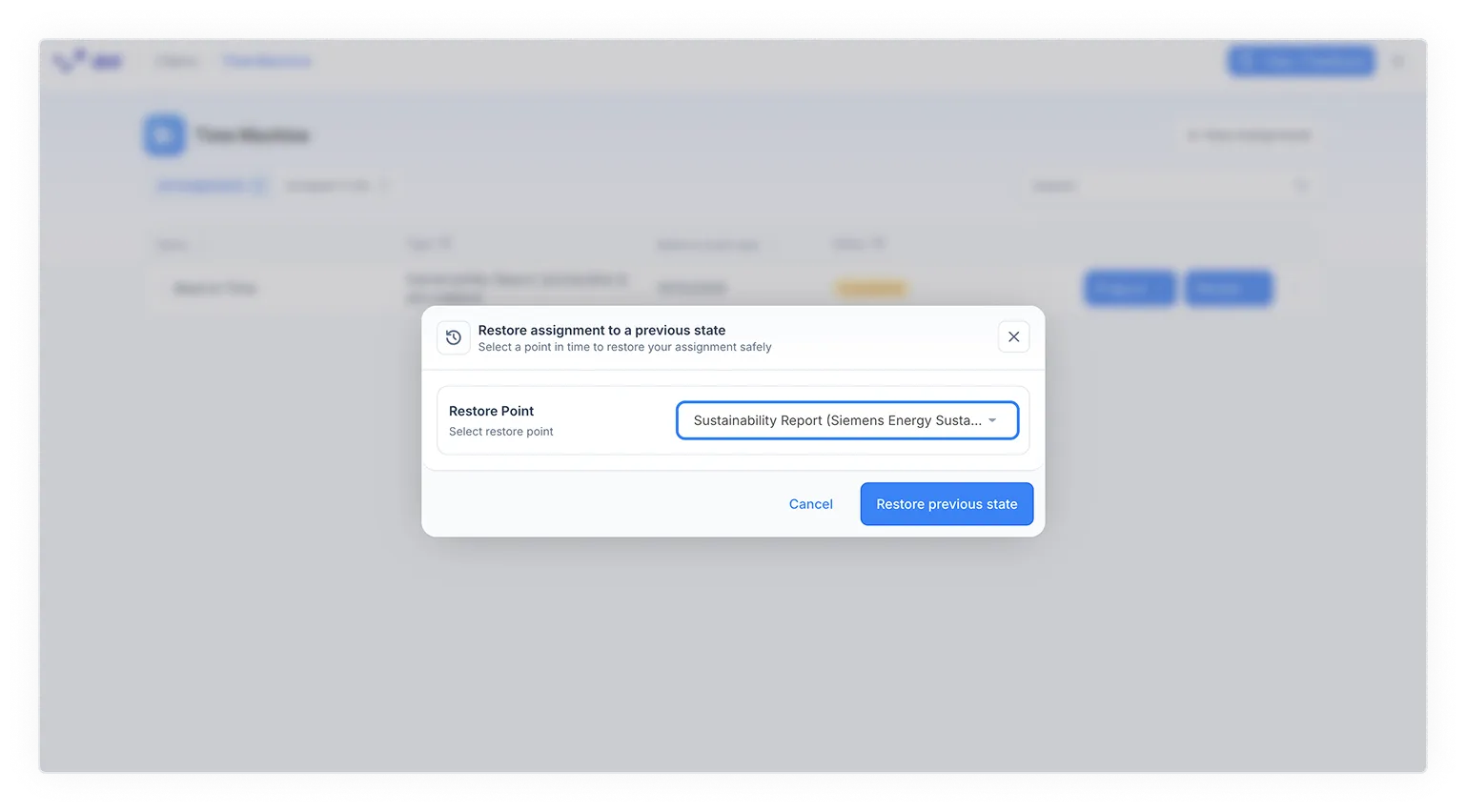 Dialog headed “Restore assignment to a previous state” with the subtitle “Select a point in time to restore your assignment safely”, a “Restore Point” dropdown with a sustainability report snapshot selected, and Cancel and “Restore previous state” buttons.
