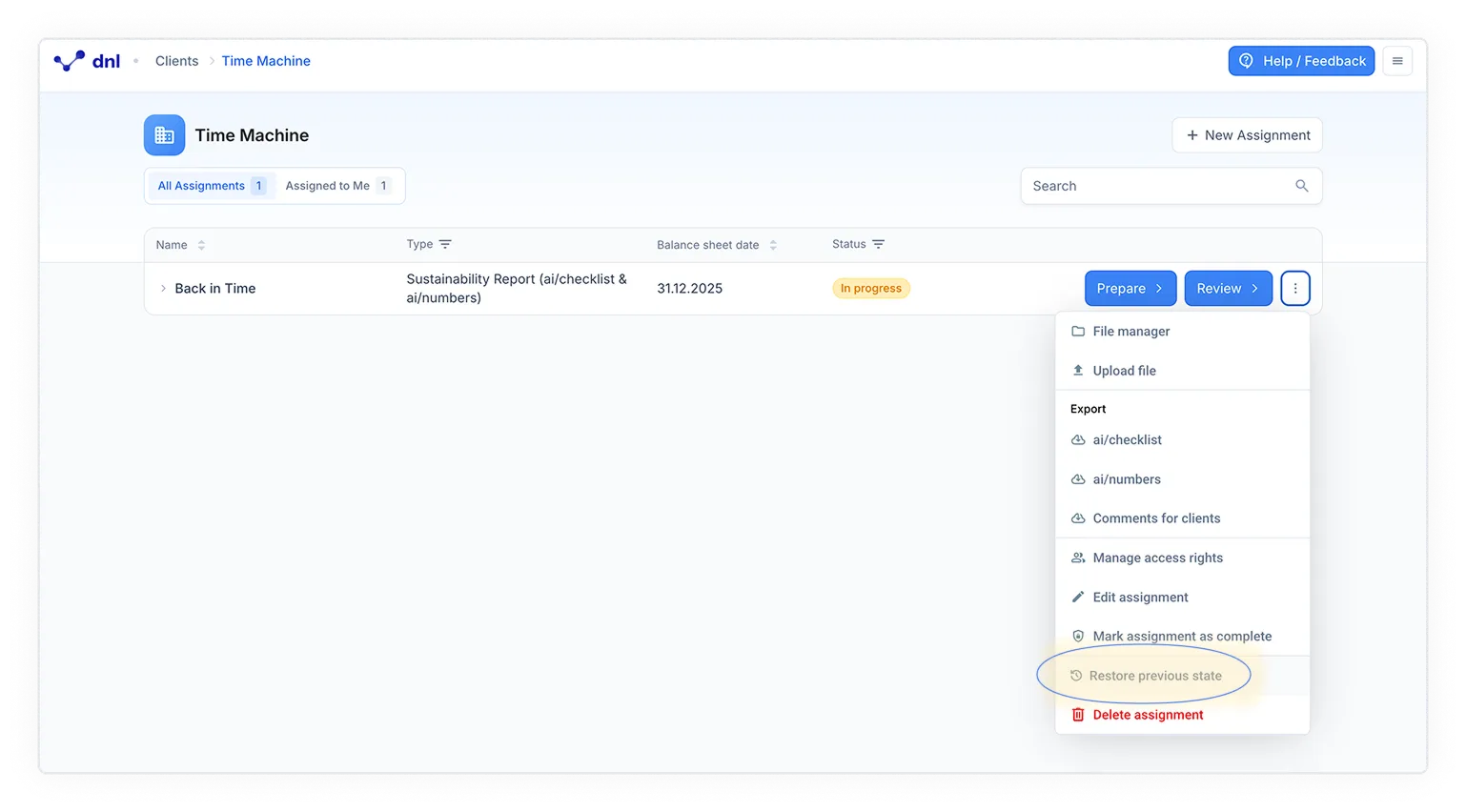 The dnl Time Machine assignment list with a single row named “Back in Time”, type “Sustainability Report (ai/checklist & ai/numbers)”, a balance sheet date of 31 December 2025 and the status “In progress”; its context menu is open and a highlighted “Restore previous state” entry sits above “Delete assignment”.