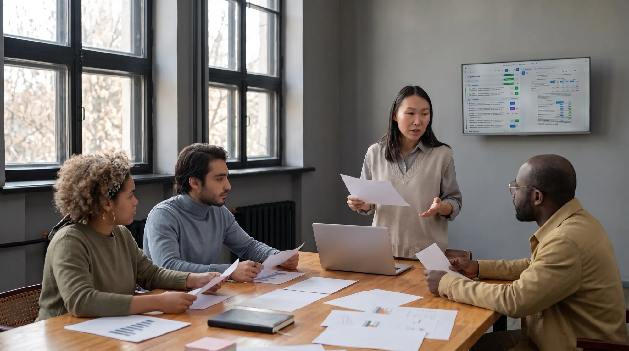 Four colleagues in a meeting room with tall windows. Three sit at a wooden table holding printed reports and charts while a fourth stands, mid-sentence, gesturing towards them with a page in her hand. A wall-mounted screen behind her shows a split-pane disclosure-checklist review interface next to a financial statement.