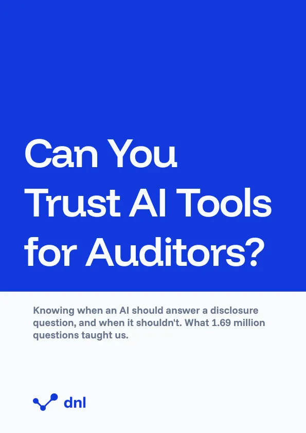 The whitepaper cover: the title "Can You Trust AI Tools for Auditors?" in white on the dnl brand blue, above the subtitle and the dnl logo.