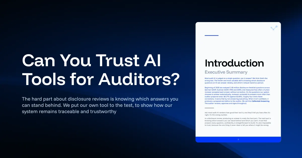 Dark blue title card with the headline "Can You Trust AI Tools for Auditors?" above the subtitle "The hard part about disclosure reviews is knowing which answers you can stand behind. We put our own tool to the test, to show how our system remains traceable and trustworthy", and beside it the whitepaper's opening page headed Introduction and Executive Summary.