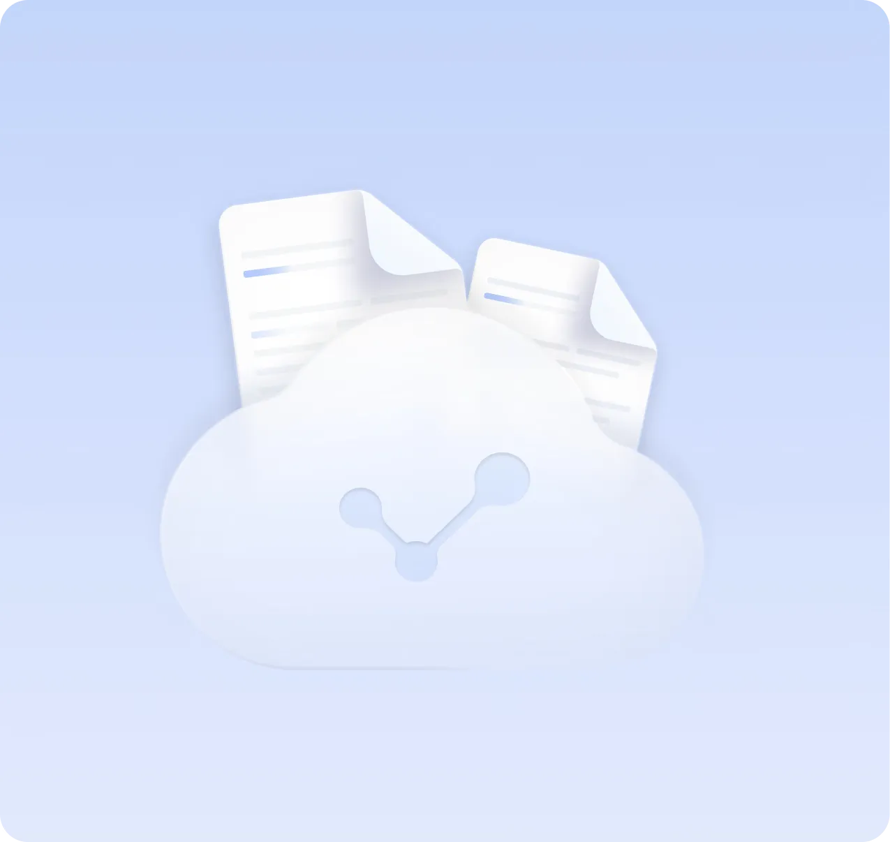 White cloud icon with two document sheets emerging from the top on a light blue background.