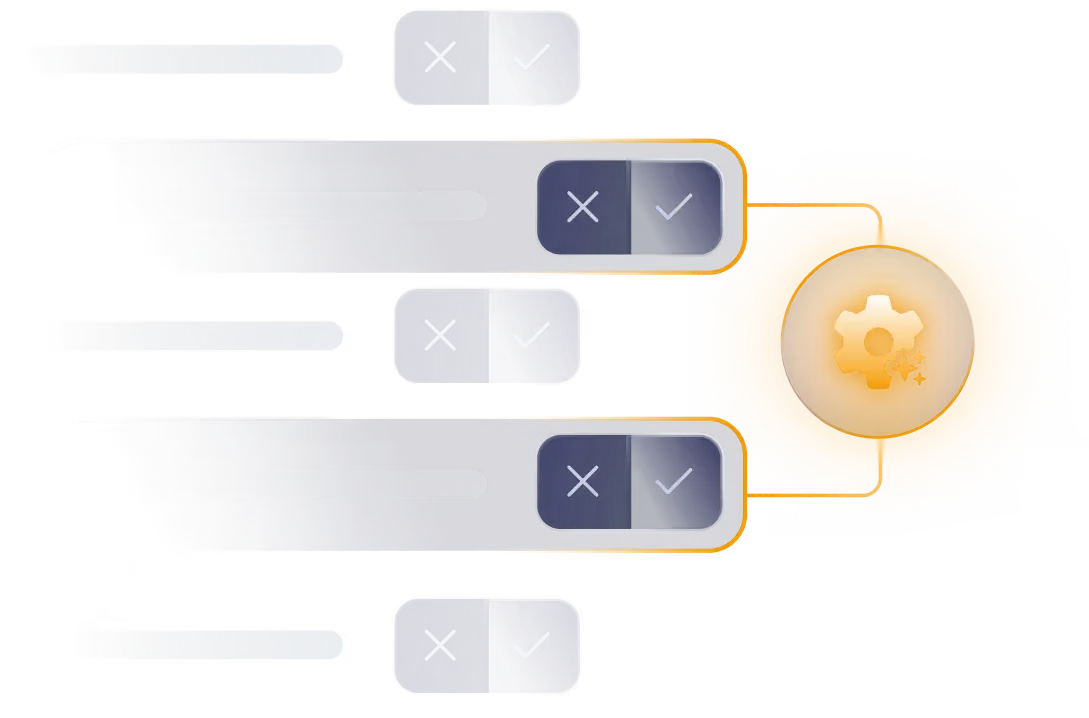 Checklist rows with cross and check controls, two rows highlighted by a glowing gear.
