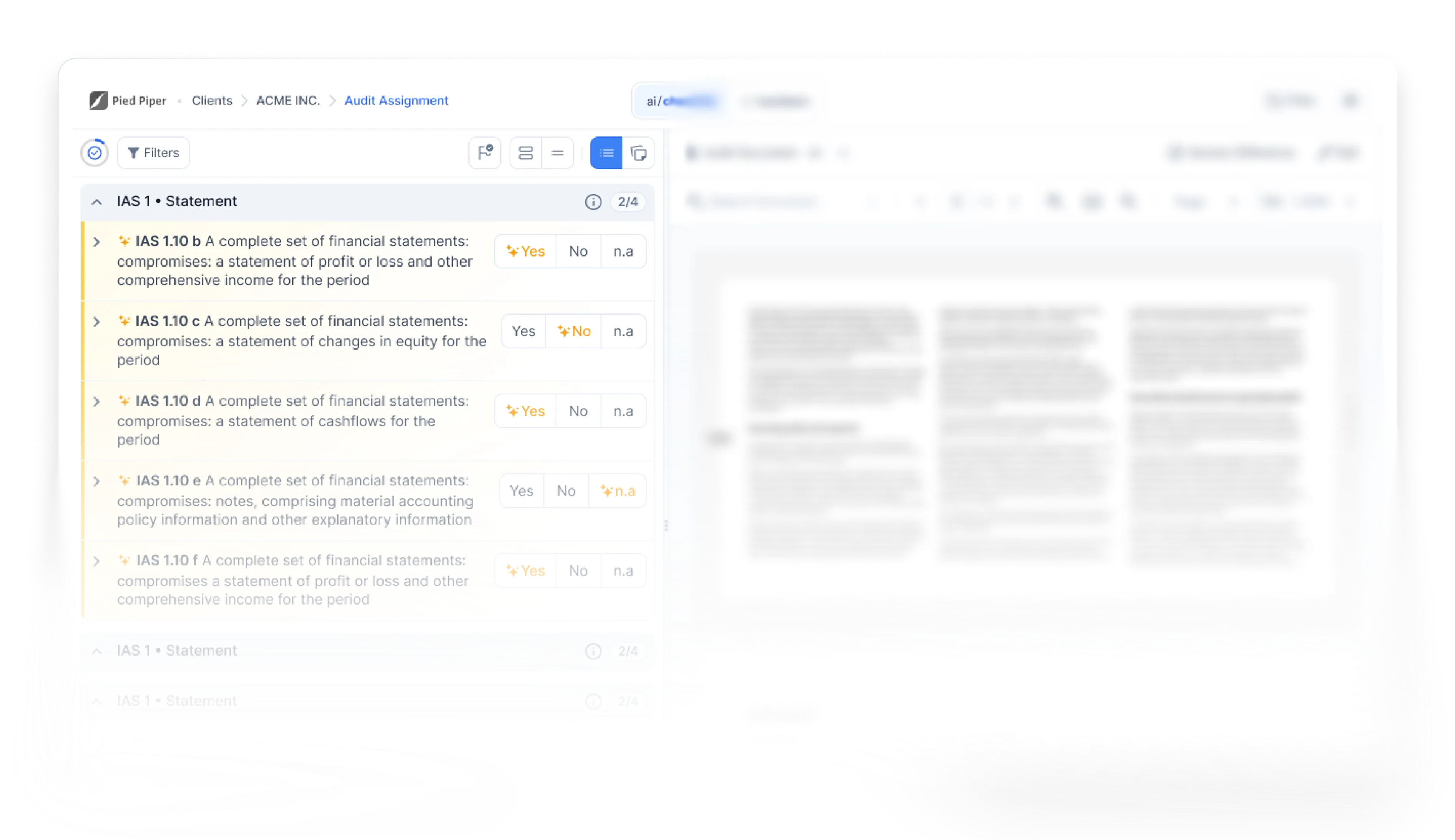 Audit checklist interface showing IAS 1 Statement items with options to mark Yes, No, or N.A. for various financial statement components such as profit or loss, changes in equity, cash flows, and notes.