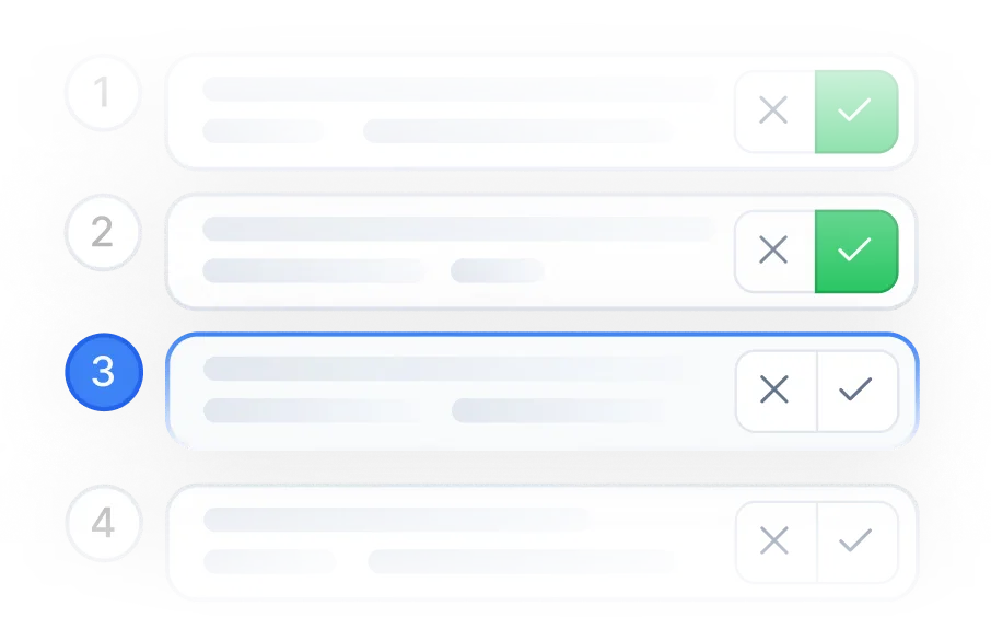 Numbered checklist steps with cross and check controls, step three highlighted in blue.