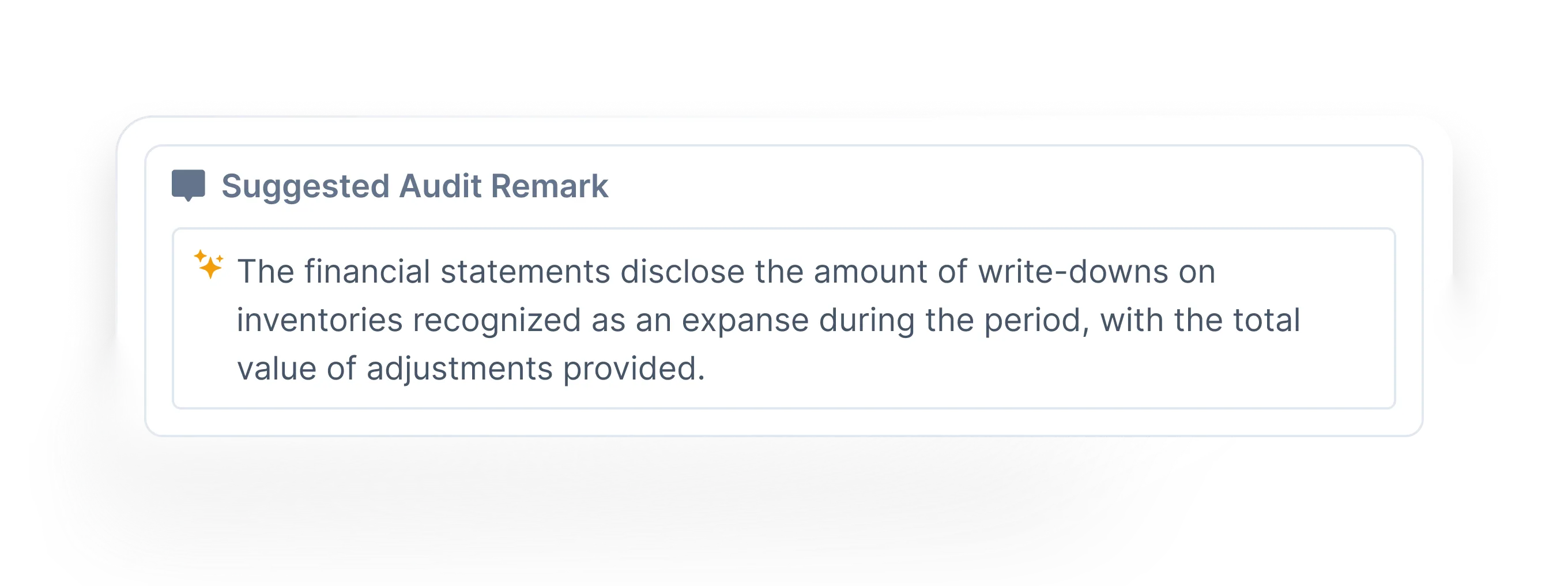Suggested audit remark card proposing disclosure wording for write-downs on inventories.