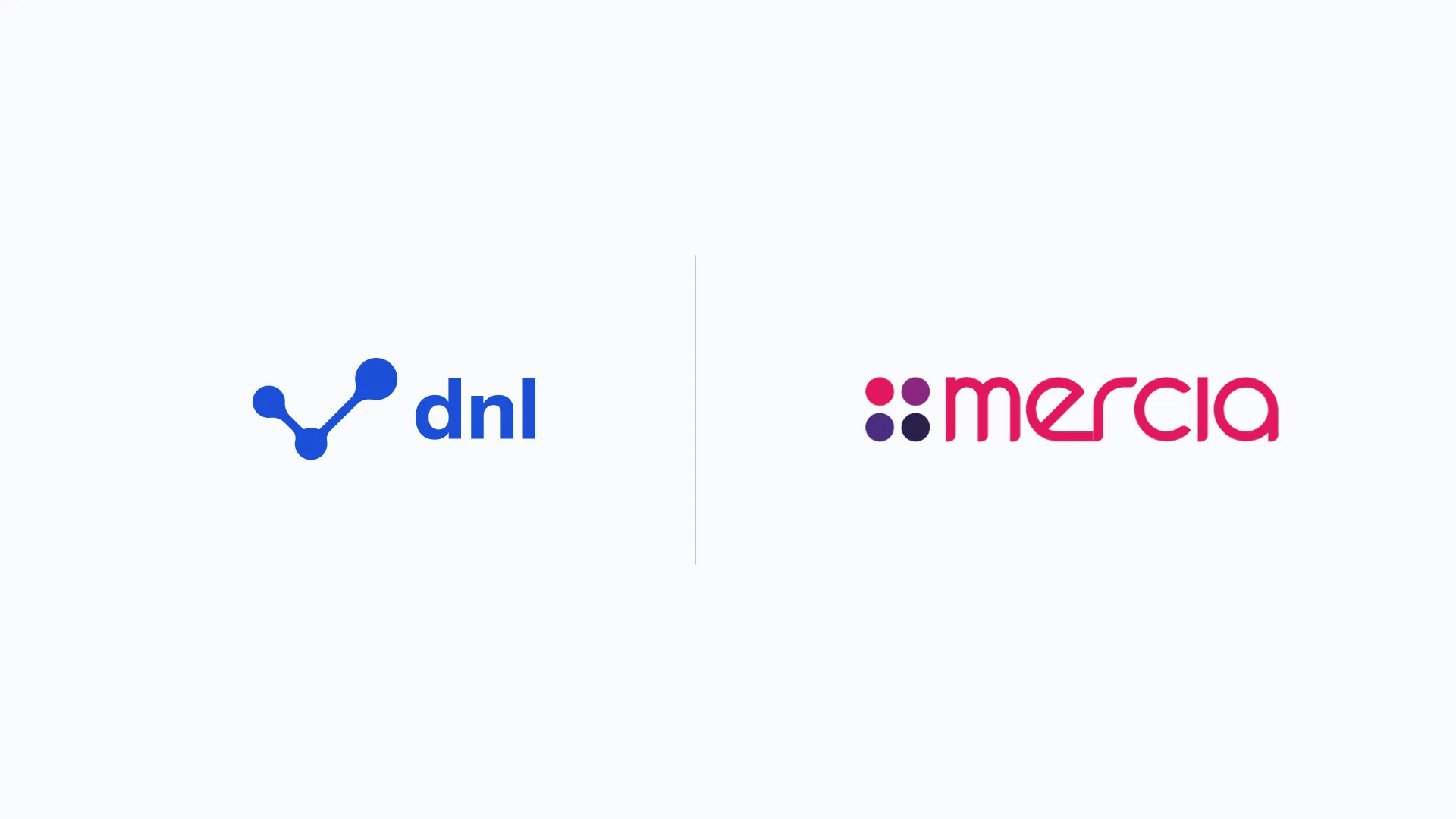 The blue dnl logo and the pink Mercia logo side by side on a light grey background, separated by a thin vertical line.
