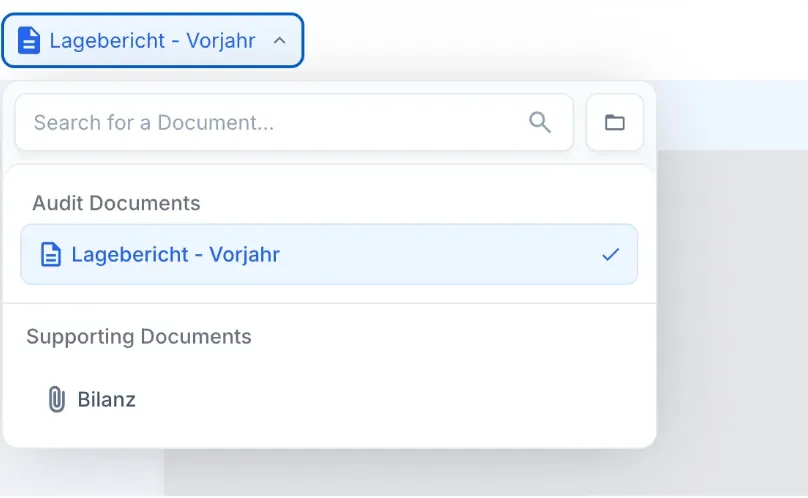 An open document selector in the dnl workspace. The active tab reads “Lagebericht - Vorjahr”; the dropdown below it holds a “Search for a Document…” field and lists the audit document “Lagebericht - Vorjahr” with a checkmark, plus the supporting document “Bilanz”.
