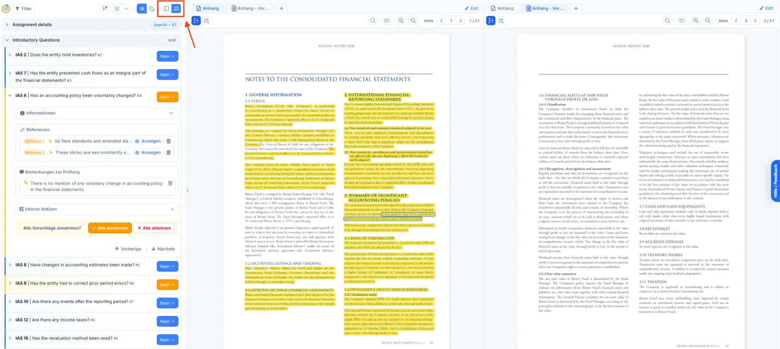 Notes Auditor in dual document mode: a checklist panel of IAS questions with Yes/No answers on the left, and two annual-report documents opened side by side to its right, both with passages highlighted. The view toggle in the toolbar is marked with a red arrow.