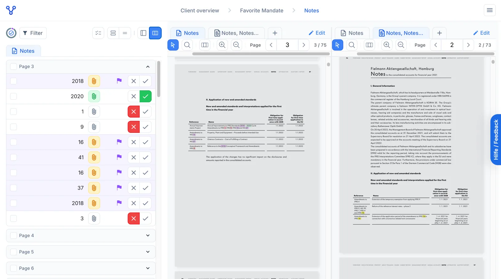 The dnl workspace in dual document view: a list of extracted numbers for page 3 on the left, each row carrying an evidence clip and accept or reject buttons, and two document panes side by side on the right, both showing notes pages of an annual report with the tables of newly applied IFRS standards.