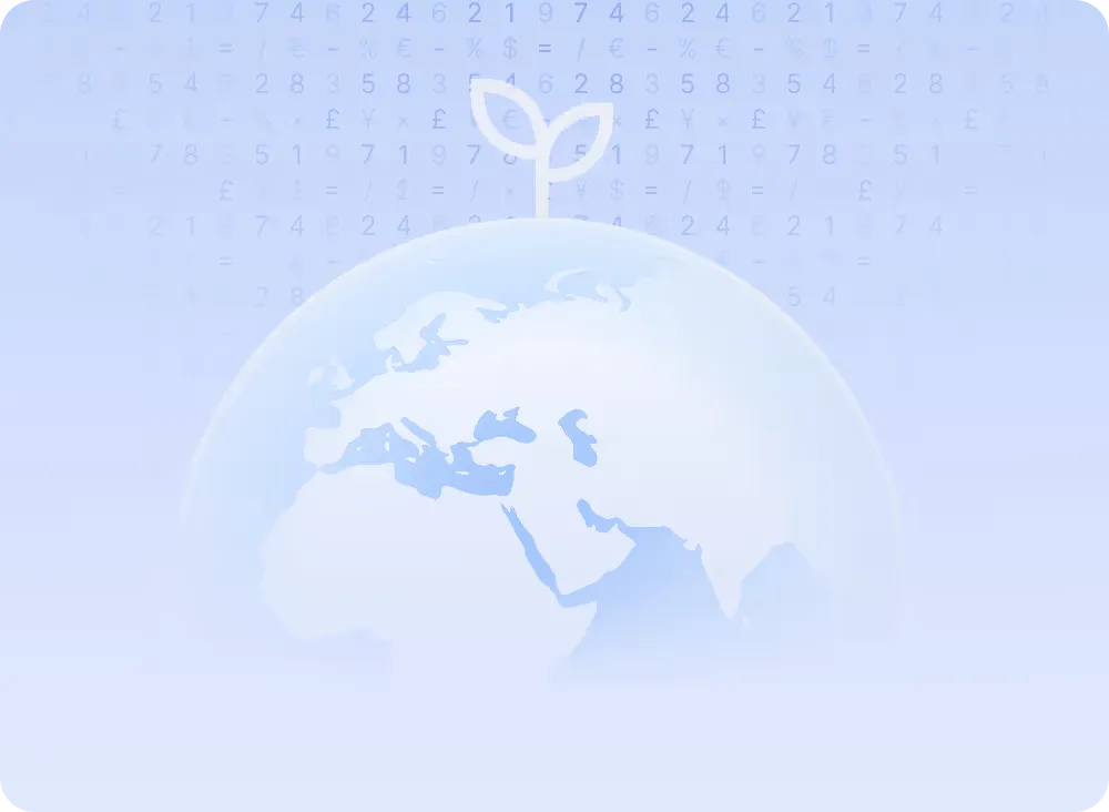 Illustration of Earth with a small plant sprouting on top and faint financial symbols and numbers in the background.