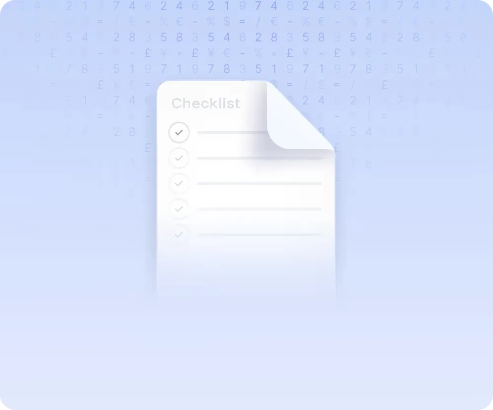 A white checklist paper with five checked items against a blue background with faint currency symbols and numbers.