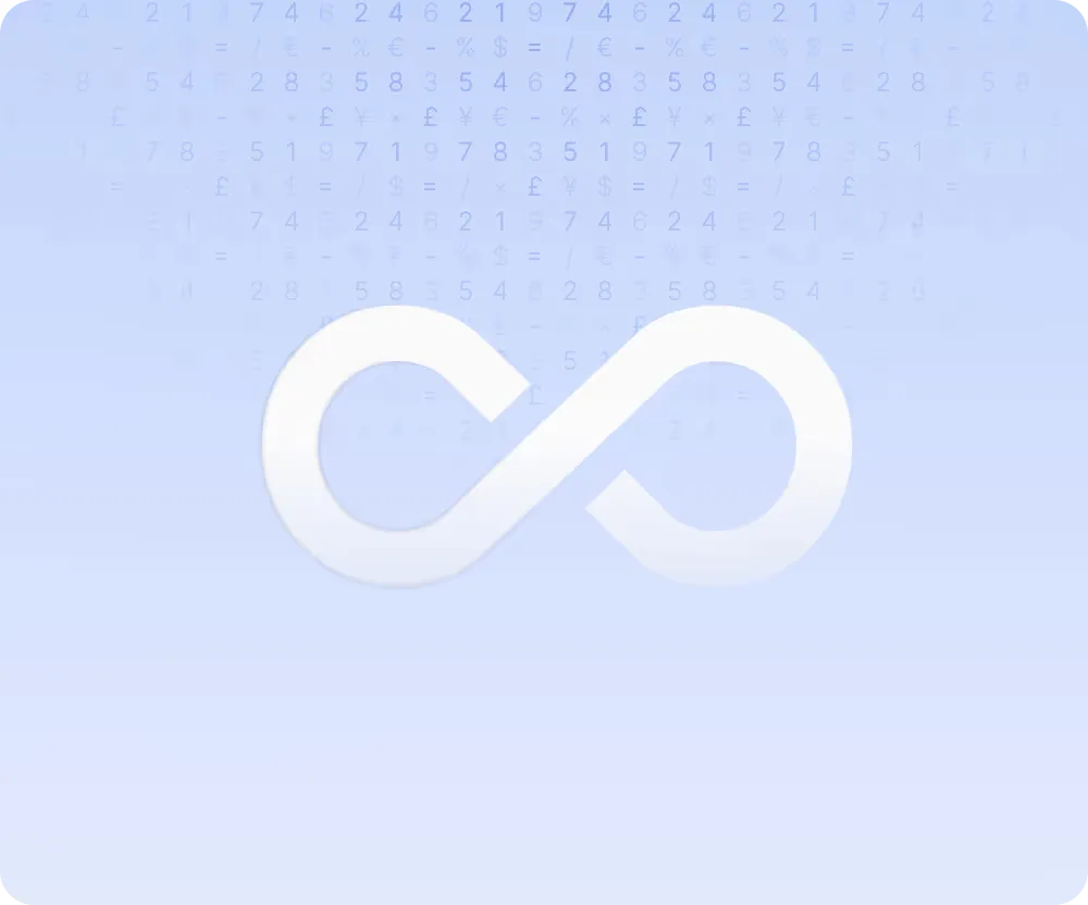 White infinity symbol centered on a light blue background with faint rows of numbers and currency symbols above it.