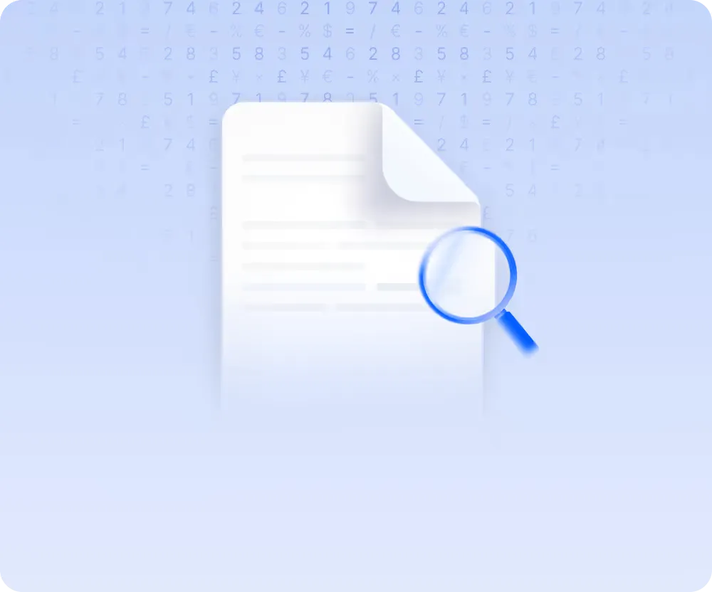Illustration of a document with a folded corner and a blue magnifying glass focusing on it, with faint numeric and currency symbols in the background.