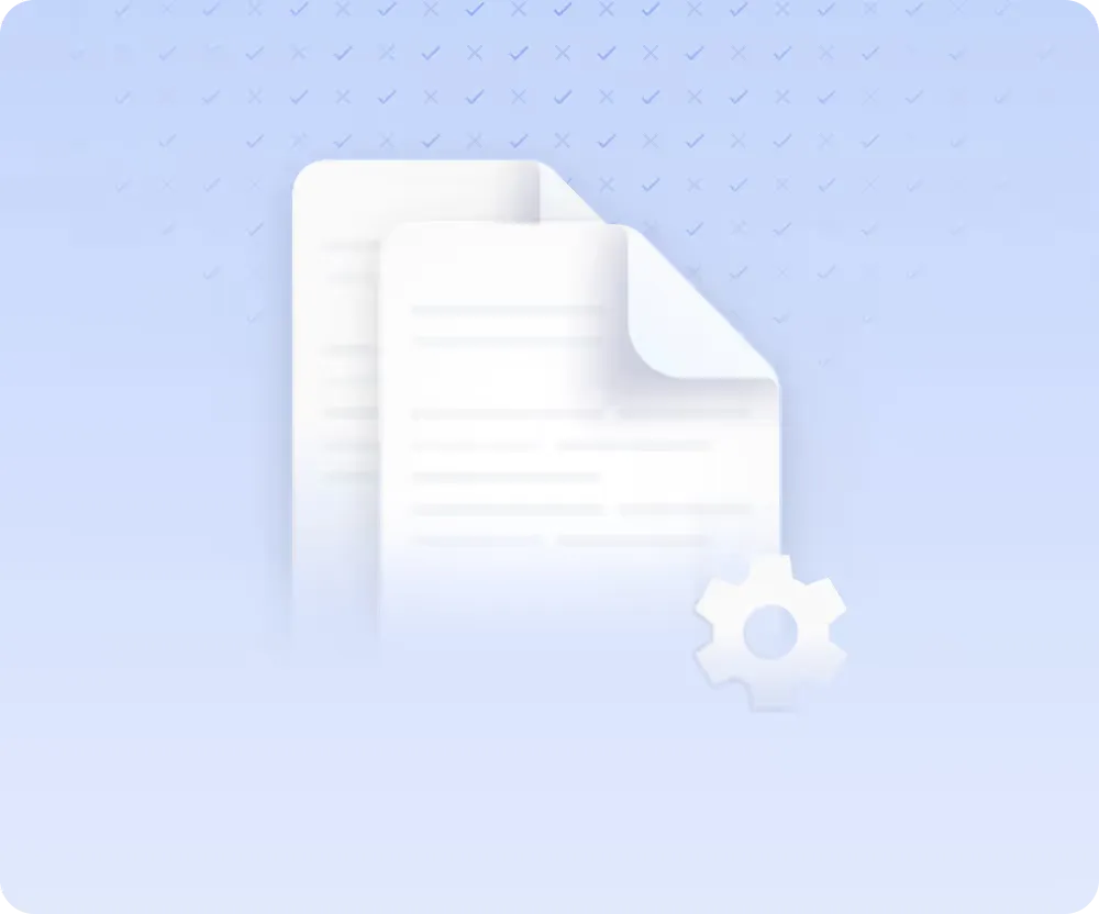 Two overlapping white document icons with a gear symbol on a light blue background dotted with checkmarks and crosses.