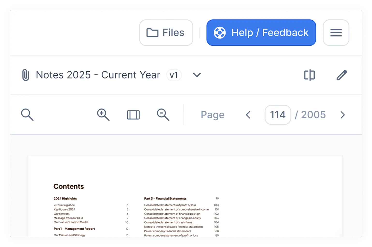 Close-up of the top right corner of the dnl workspace: a “Files” button, a blue “Help / Feedback” button and the hamburger main menu sit in one row above the document header “Notes 2025 - Current Year v1” and the page navigation showing page 114 of 2005.