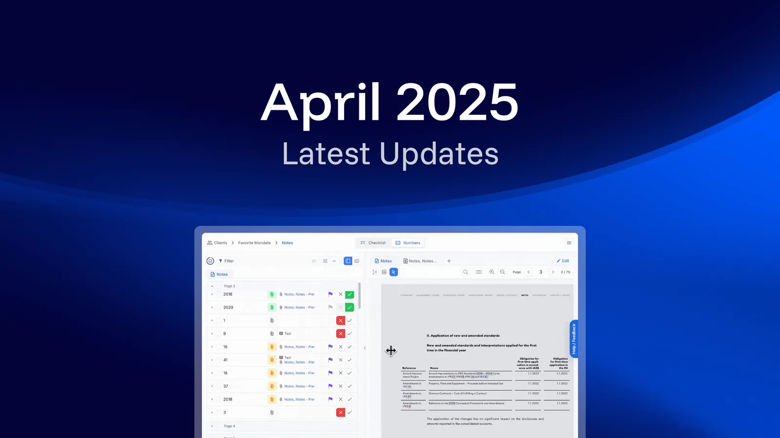 Release announcement graphic on a dark blue background with the headline "April 2025" above the words "Latest Updates", and below it a screenshot of the numbers table next to a financial statement PDF page about the application of new and amended standards.