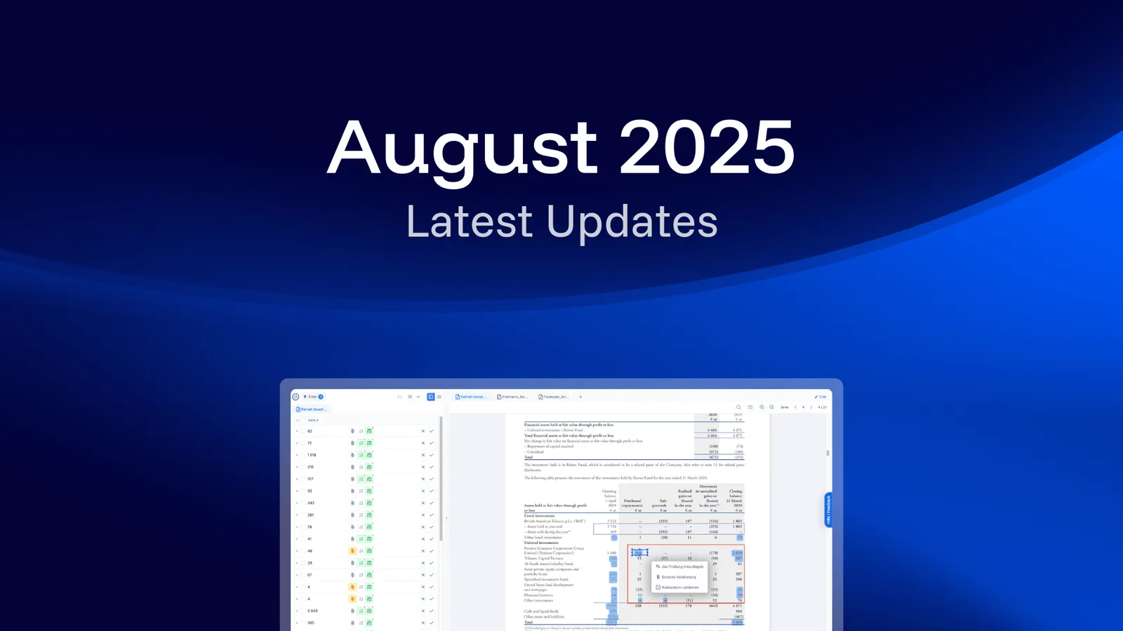Release announcement graphic on a dark blue background with the heading "August 2025" above the words "Latest Updates", and a screenshot of the dnl workspace below it showing a list of extracted numbers next to a financial statement page with one table highlighted in red.