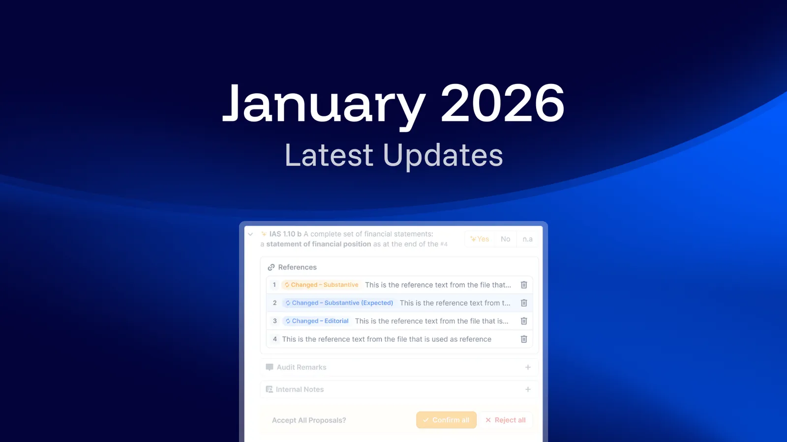 Release announcement graphic on a dark blue background with the headline "January 2026" above the words "Latest Updates", and below it a screenshot of a disclosure question whose reference list carries "Changed – Substantive", "Changed – Substantive (Expected)" and "Changed – Editorial" labels.