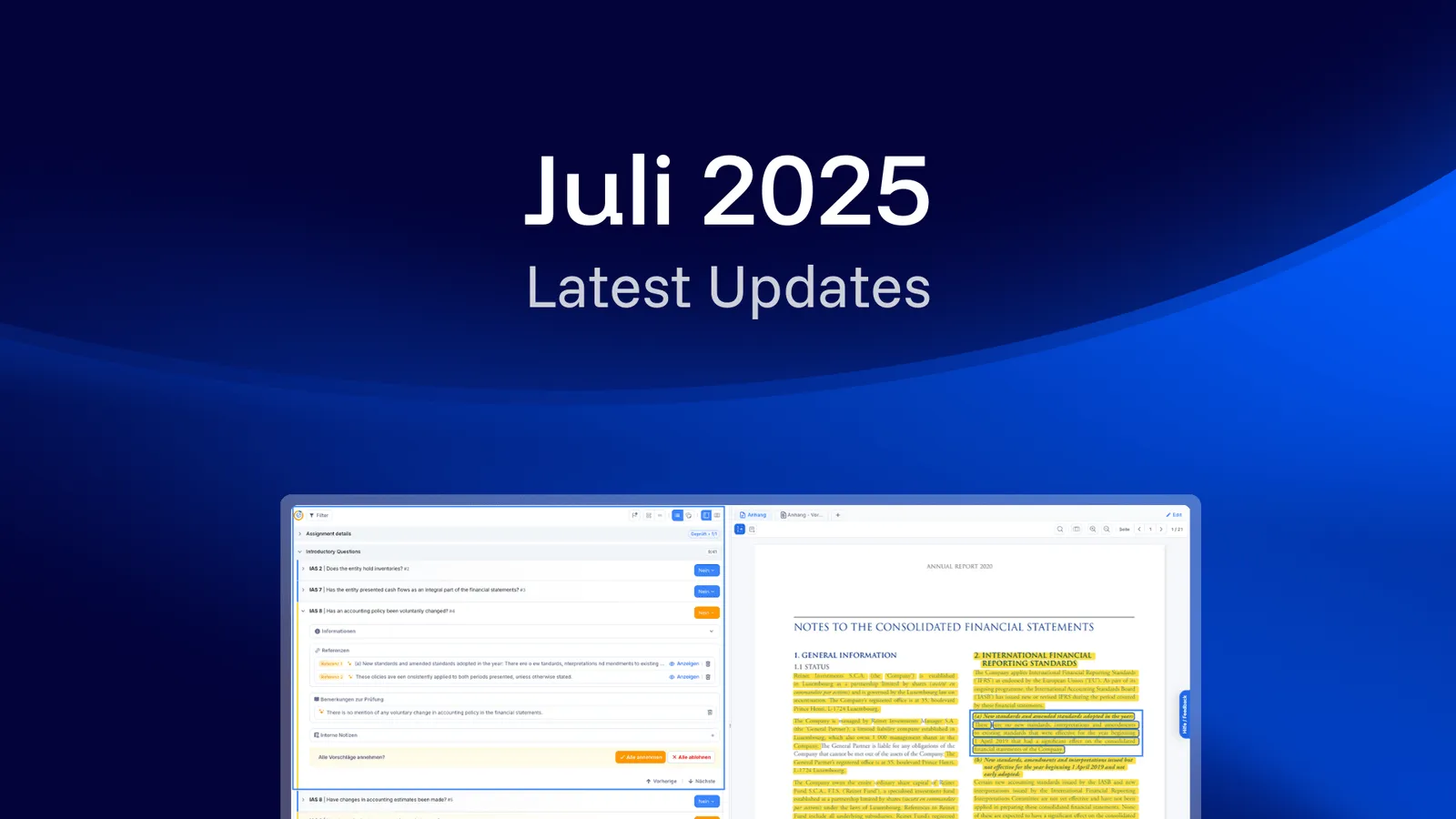 Release announcement graphic on a dark blue background with the headline "Juli 2025" above the words "Latest Updates", and below it a screenshot of the checklist panel next to an annual report page whose passages are highlighted in yellow.