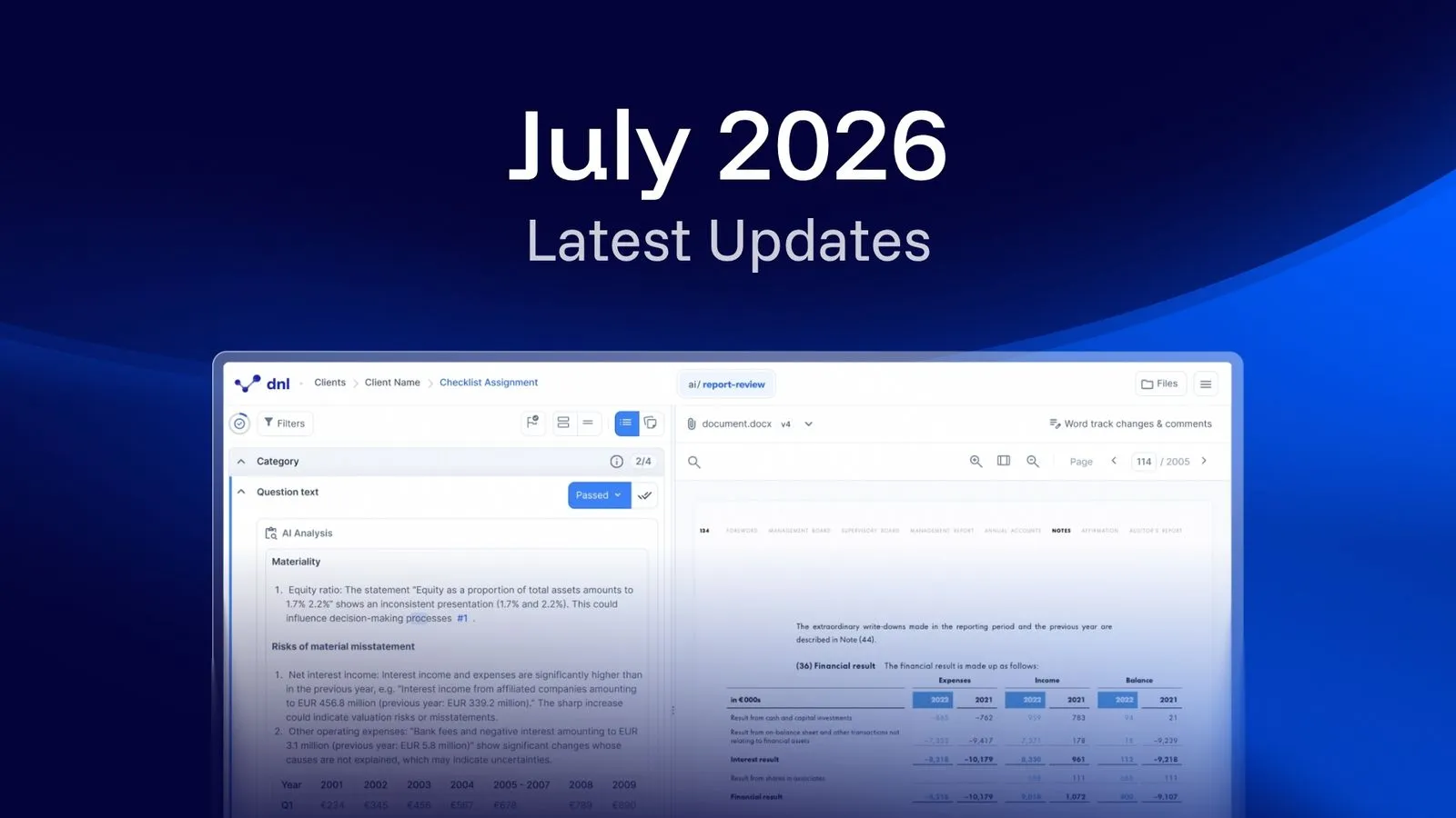 Dark blue title card with the headline "July 2026" above the words "Latest Updates", and below it a screenshot of the dnl workspace showing an ai/report-review AI analysis panel about materiality and misstatement risks on the left, next to page 114 of an annual report with financial result tables on the right.