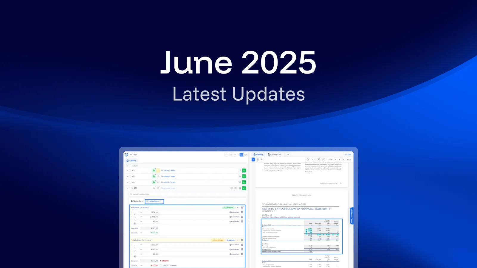 Release announcement graphic on a dark blue background with the headline "June 2025" above the words "Latest Updates", and a screenshot of the Notes Auditor split view below it — a calculation panel on the left, a financial-statement page on the right.