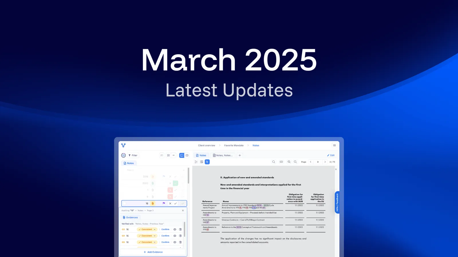 Release announcement graphic on a dark blue background with the heading "March 2025" above the words "Latest Updates", and below it a screenshot of the dnl workspace showing a list of extracted numbers with an evidence panel next to a financial statement page about the application of new and amended standards.