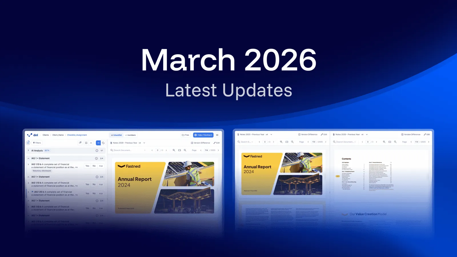 Release announcement graphic on a dark blue background with the headline "March 2026" above the words "Latest Updates", and below it two screenshots of the dnl workspace showing a disclosure checklist next to an annual report document, and the same document opened across two separate windows.