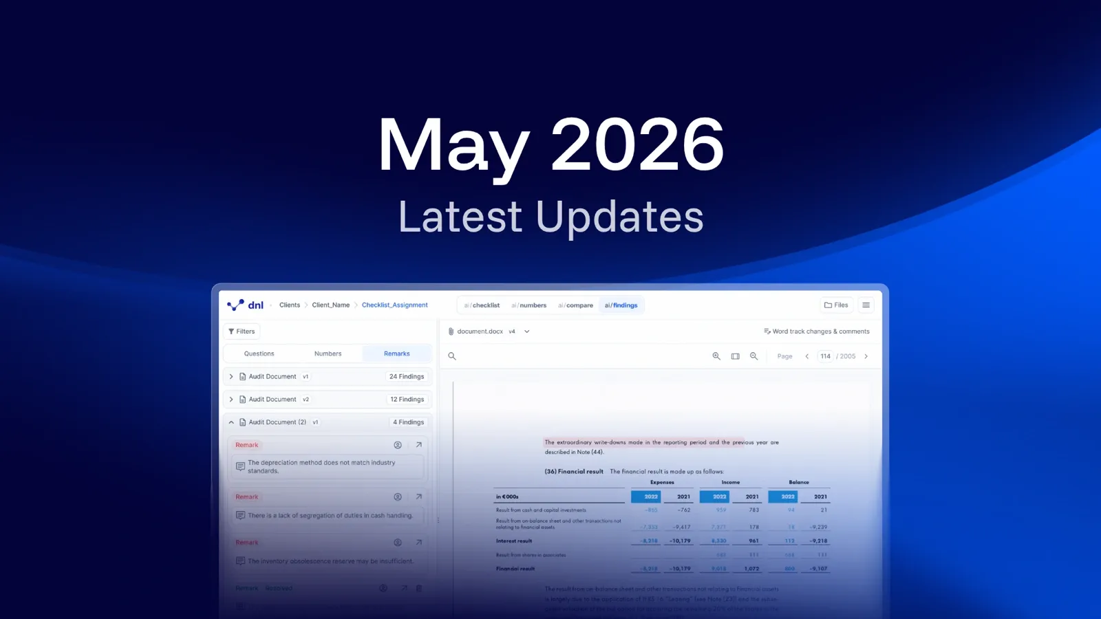 Release announcement graphic on a dark blue background with the headline "May 2026" above the words "Latest Updates", and below it a screenshot of the dnl workspace showing a Remarks list of audit findings next to an annual report page with a financial result table.