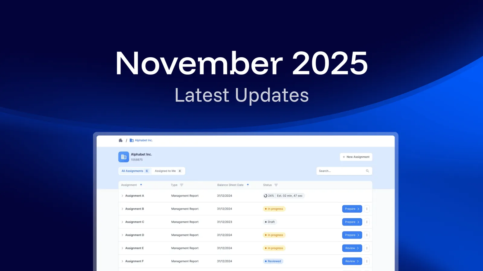 Dark blue title card with the heading November 2025 and the subheading Latest Updates, above a screenshot of the assignment list for the client Alphabet Inc. with colored status badges.