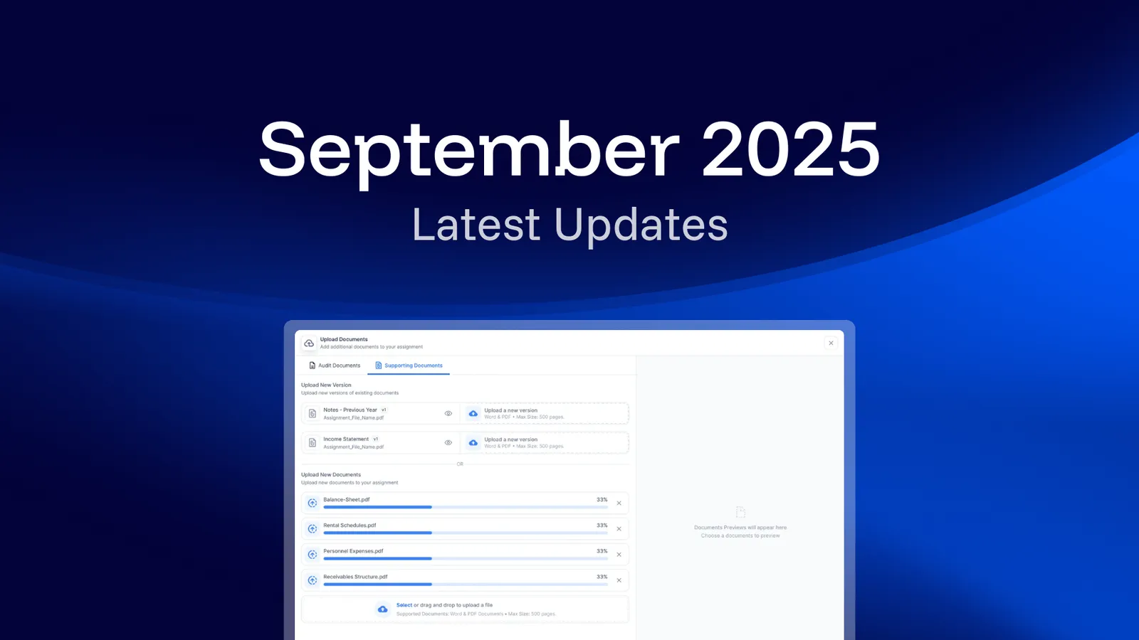 Release announcement graphic on a dark blue background with the heading "September 2025" above the words "Latest Updates", and a screenshot of the dnl upload dialog below it showing four PDF files uploading at 33% each.