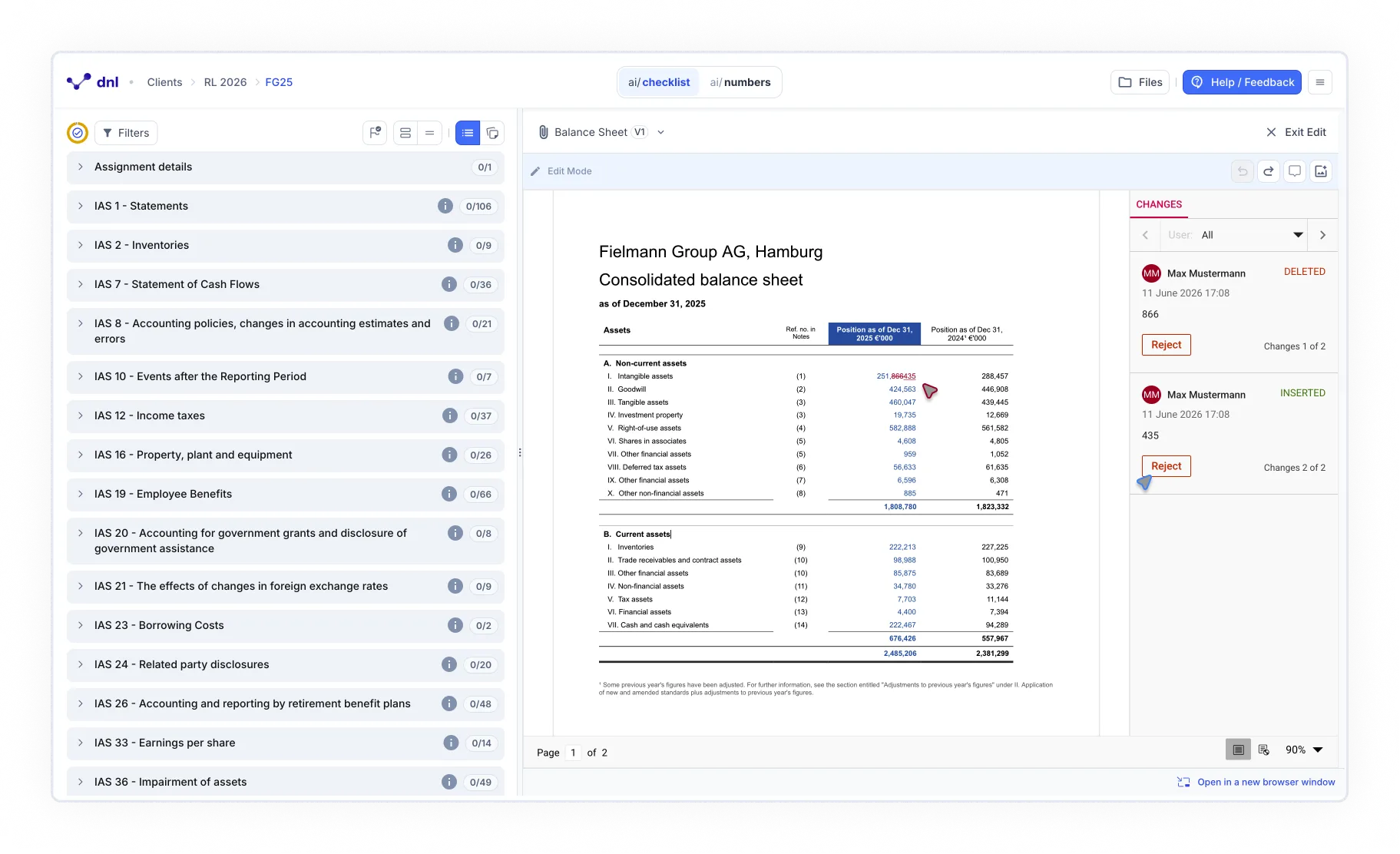 The dnl workspace in Word edit mode: an IAS disclosure checklist with Assignment details and IAS 1 to IAS 36 sections on the left, the “Balance Sheet V1” document of Fielmann Group AG open in the middle with its consolidated balance sheet and one figure struck through in red, and a “Changes” panel on the right showing a DELETED entry of 866 and an INSERTED entry of 435, both by Max Mustermann at 11 June 2026 17:08.