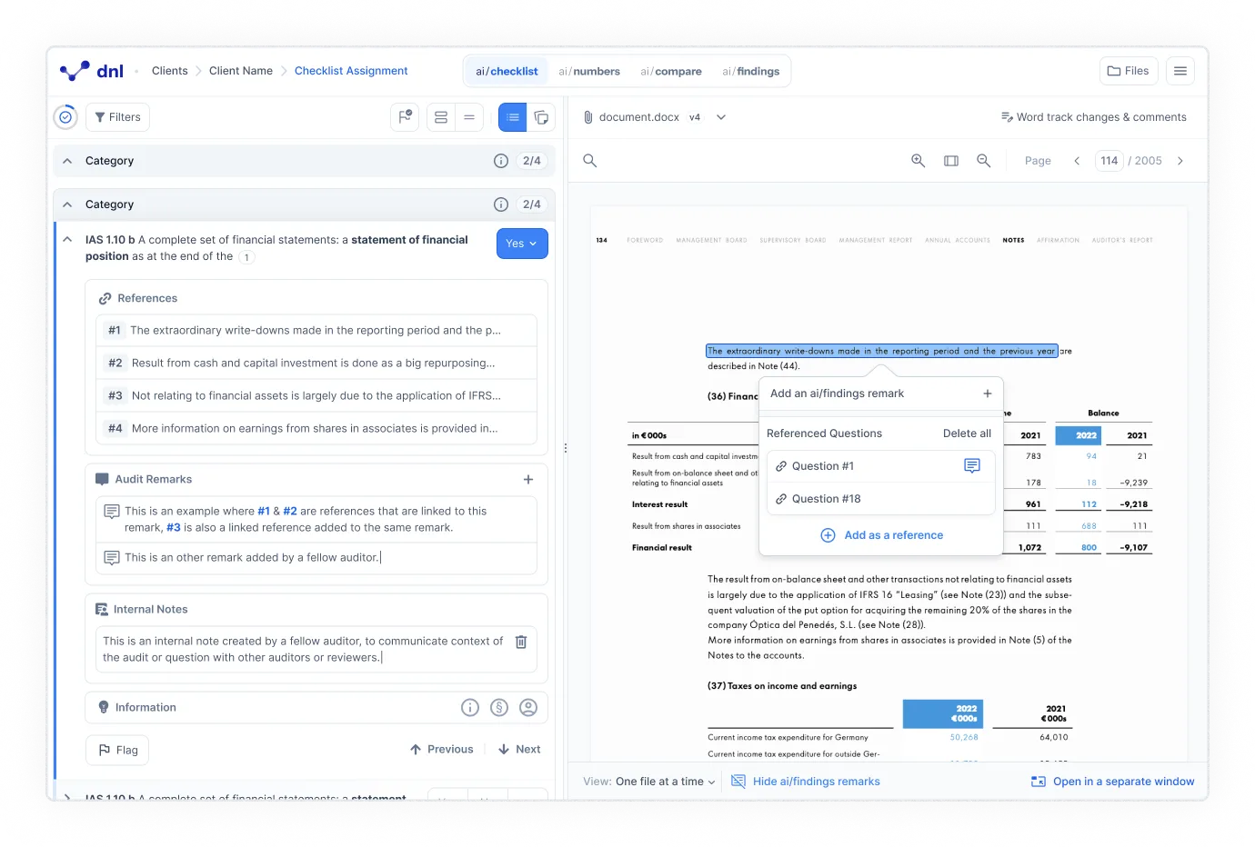 An ai/checklist question on IAS 1.10 b answered “Yes”, with four numbered references listed above an Audit Remarks block that holds two separate remarks linking references #1, #2 and #3; on the right, a highlighted sentence in the document opens an “Add an ai/findings remark” popover listing the referenced Question #1 and Question #18.