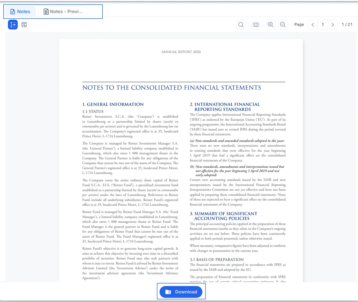 The document viewer in the dnl workspace: the tabs “Notes” and “Notes - Preview” outlined at the top left, search, split-view and zoom controls plus page navigation reading 1 / 21 at the top right, the first page of the notes to the consolidated financial statements below, and a blue “Download” button at the bottom.