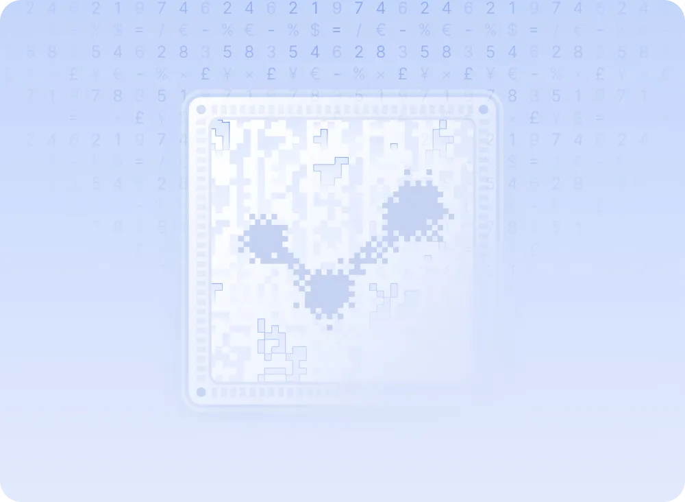 Abstract image of a microchip with interconnected nodes against a background of floating numbers and currency symbols.
