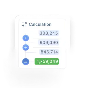 Calculation card adding 303,245, 609,090 and 846,714 to a highlighted total of 1,759,049.