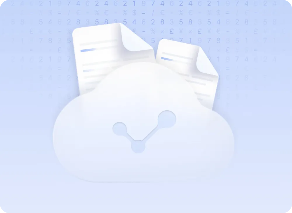 Abstract cloud icon with network nodes and two document sheets in front of a light blue background with faint numbers and symbols.