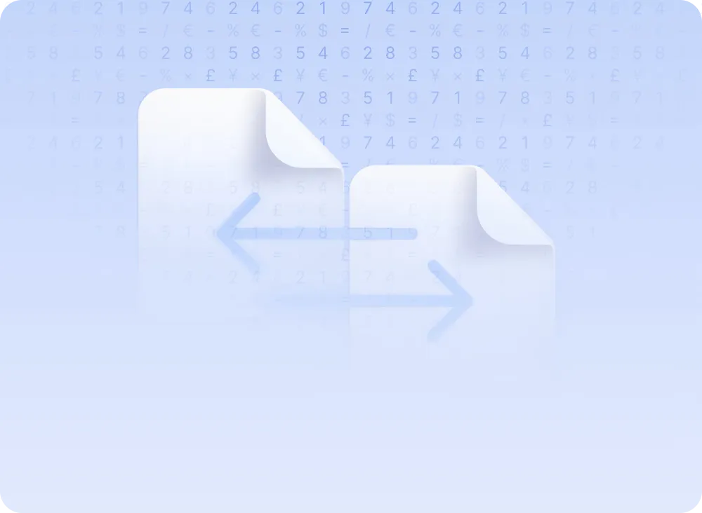 Two white document icons with arrows pointing left and right between them, set against a blue background with faint numerical and currency symbols.