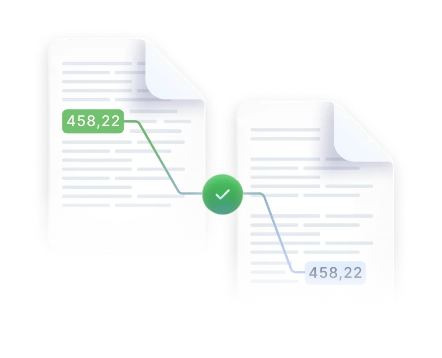Two documents sharing the value 458,22, connected by a green check mark.