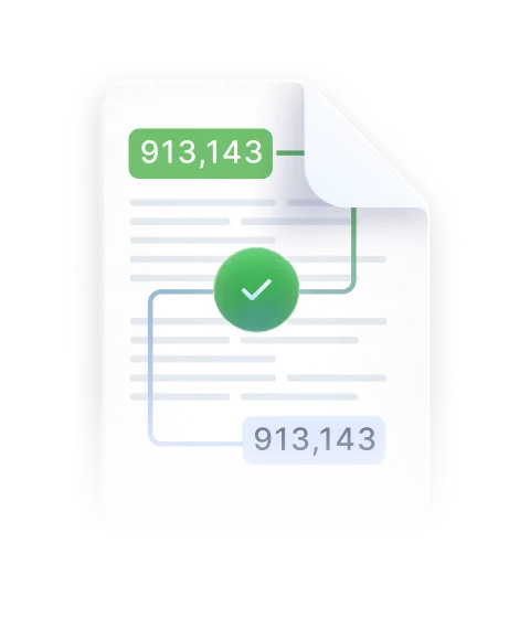 Document showing the value 913,143 in two places, linked by a green check mark confirming they match.