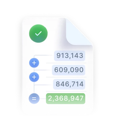 Document with a green check mark adding 913,143, 609,090 and 846,714 to a highlighted total of 2,368,947.