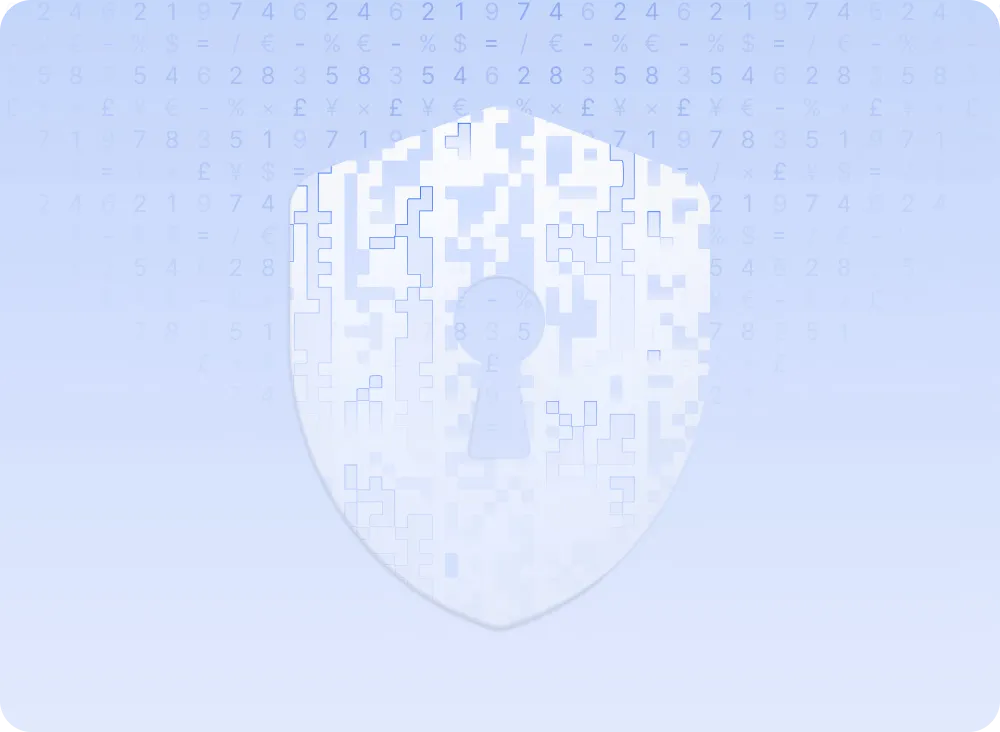 Digital shield with a keyhole in the center composed of pixelated patterns and faint numerical symbols in the background.