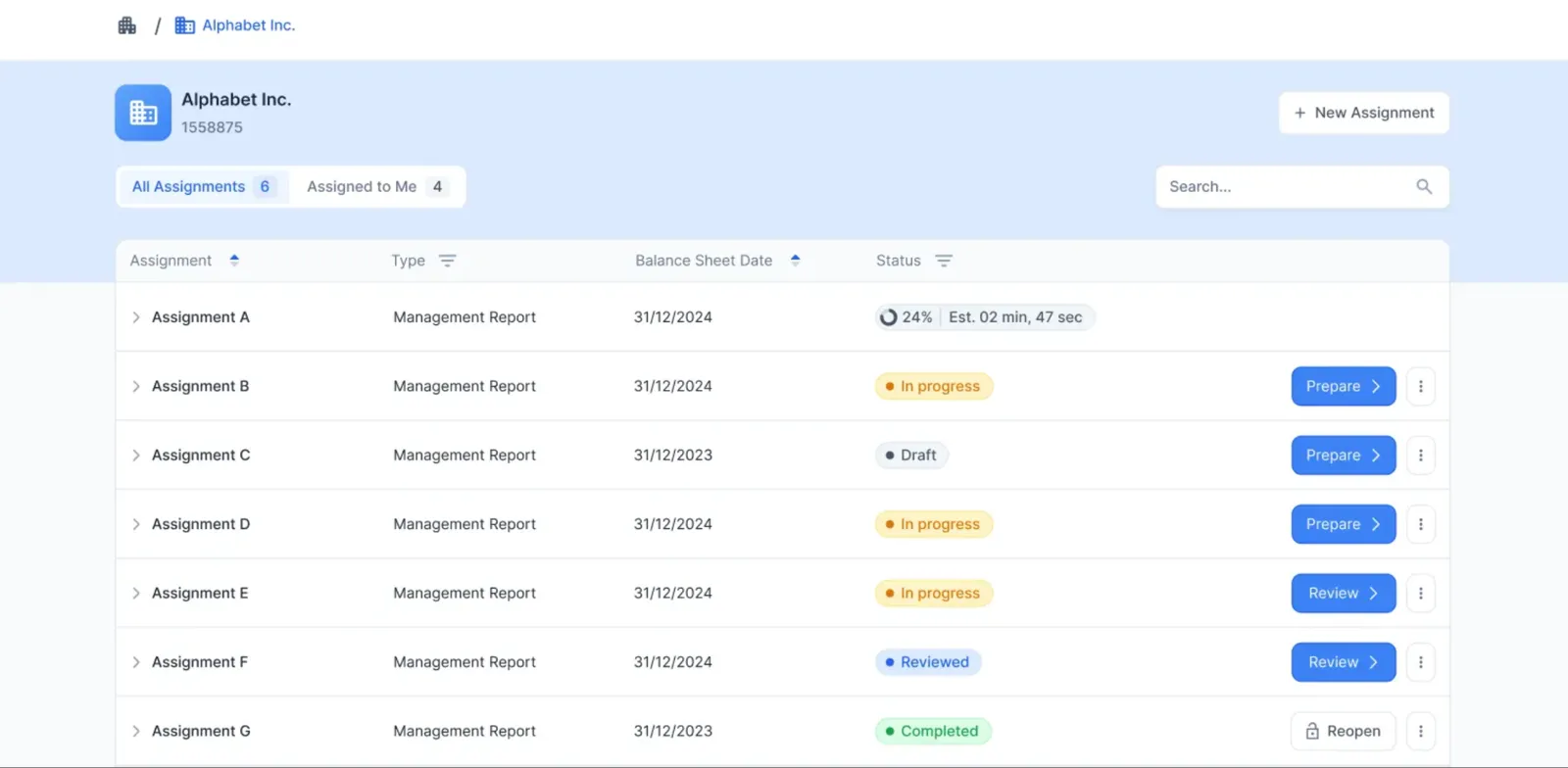 Assignment overview for the client Alphabet Inc.: a table of seven management report assignments with balance sheet dates and status badges such as In progress, Draft, Reviewed and Completed, next to Prepare and Review buttons and a New Assignment button.
