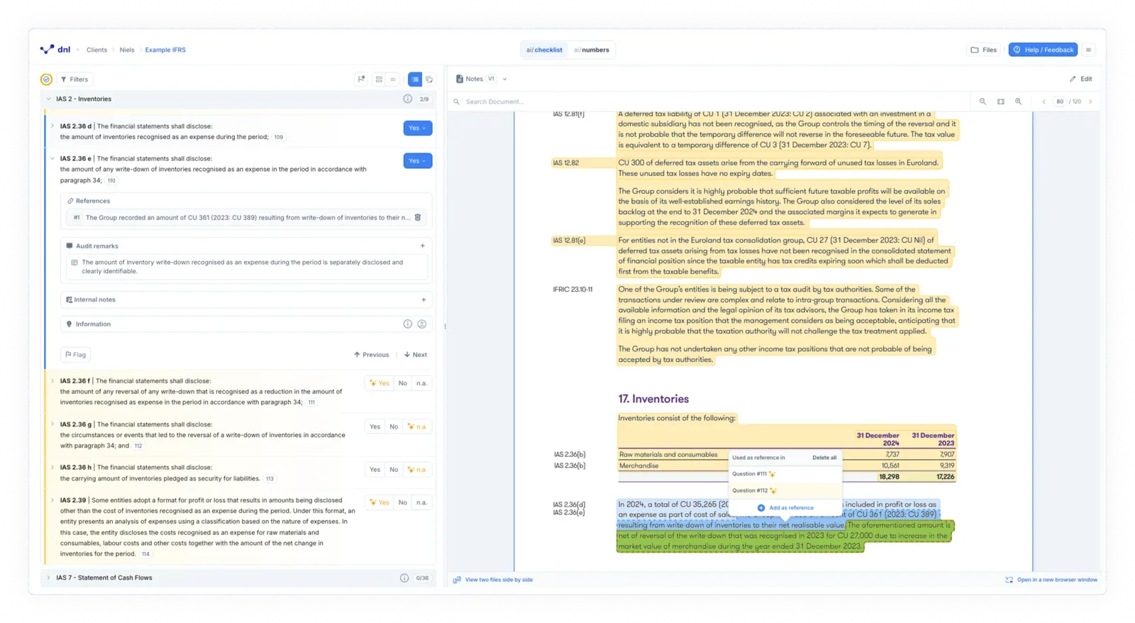 An ai/checklist IAS 2 Inventories question with reference #1 about an inventory write-down and an audit remark beneath it; on the right, the Notes document shows yellow and green highlighted passages and a popover reading “Used as reference in” that lists Question #111 and Question #112 plus an “Add as reference” action.