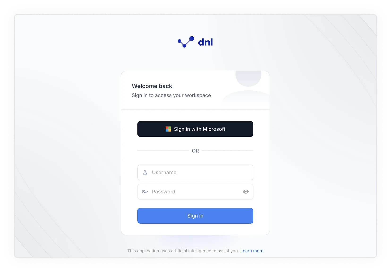 The redesigned dnl sign-in page: the dnl logo above a white card headed “Welcome back — Sign in to access your workspace”, a dark “Sign in with Microsoft” button, an “OR” divider, username and password fields, and a blue “Sign in” button.