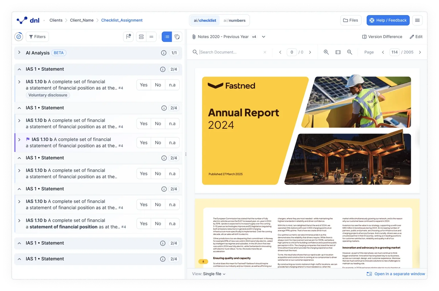 The dnl workspace with a disclosure checklist of IAS 1 statement items on the left, each row offering Yes, No and n.a buttons, and an “Annual Report 2024” cover page open in the document pane on the right; a footer bar reads “View: Single file” and “Open in a separate window”.